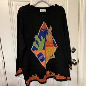 The Quacker Factory Black Orange Cactus Knit Sweater Southwestern Coyote 1X